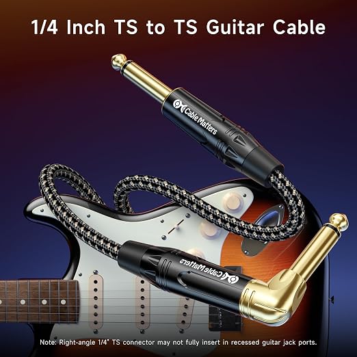 Cable Matters 2-Pack Braided 1/4 Inch TS Right Angle Electric Guitar Cable - 6ft, Straight to Right Angle Guitar Cord, Instrument Cable for ElectricGuitar, Bass AMP, Mixer, Equalizer