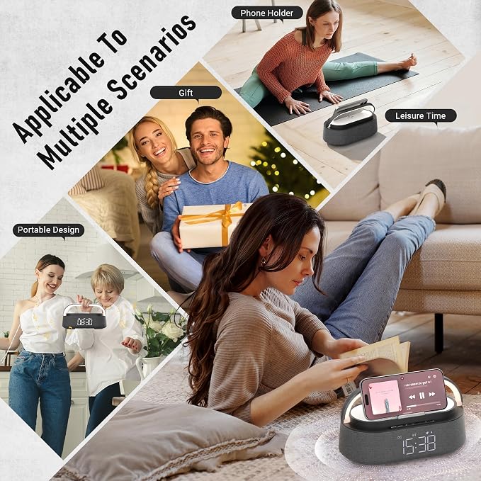 FREEFISH Bluetooth Speaker with Wireless Charger, FM Radio, Adjustable LED Night Light, Dual Wireless Speakers, Suitable for Decoration, Bedroom, Home, Office, Gift, Black