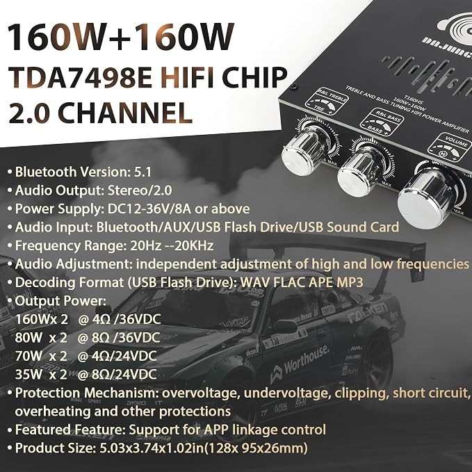 320W Audio Amplifier Board with Treble and Bass Control, DC 12-36V, Bluetooth 5.2 and AUX Inputs, 2.0 Channel Stereo AMP Board for DIY Wireless Speakers (Black3 T160HS)