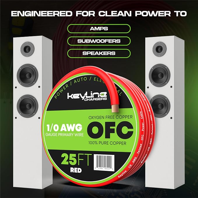 1/0 Gauge Wire (25ft) AWG Amp Battery Cable for Automotive Electrical Wiring - Oxygen Free Copper (OFC) Welding Cable 0GA - Car Amplifier Power & Ground Cable, Stereo Audio Speakers, RV Trailer Wiring