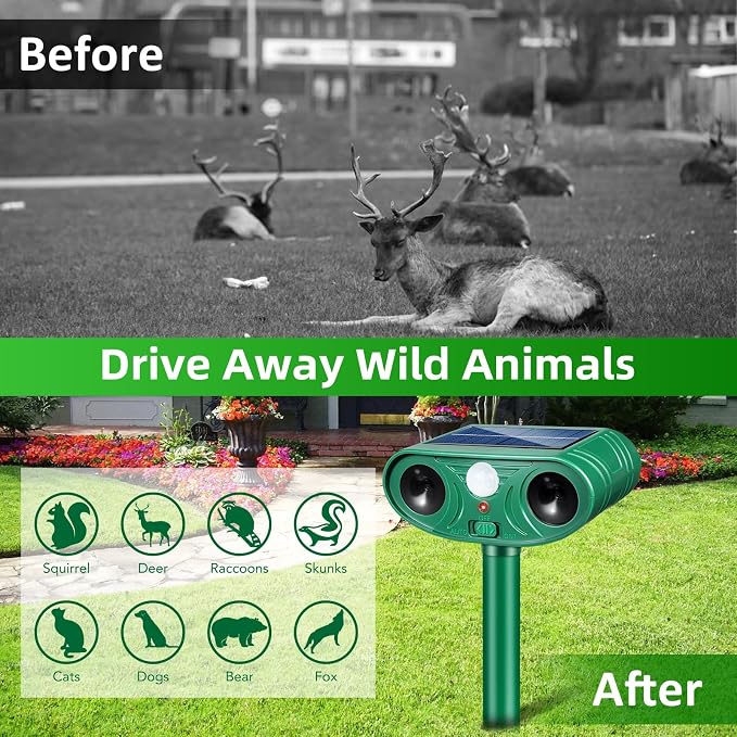 2026 Upgraded Solar Ultrasonic Animal Repellent Motion Activated Deer Repellen Outdoor with Adjustable Frequency Cat Deterrent to Keep Dog Raccoon Squirrel Rabbit Away from Yard Garden 4 Pack
