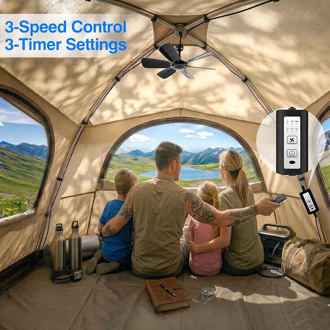 17.7" Inch Portable Ceiling Fan with Remote Control Timing 3 Speed,USB Plug In,5V DC Powered,6 Blades,Indoor/Outdoor RV Camping Tent Canopy,Gazebo,Beach,Hanging,Quiet,black