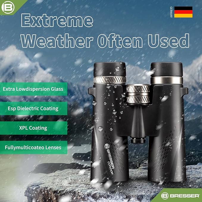 BRESSER 8x42 Binoculars for Adults High Powered with HD Optical System, FMC Green Film BAK4 Prism, Non-Slip Grip, Waterproof, Fogproof, Shockproof for for Hunting Bird Watching Travel Football Games