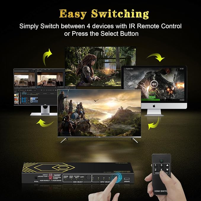 8K@60Hz 4K@120Hz HDMI2.1 Switch 4 in 1 Out with eARC,ARC Audio Extractor,7.1Ch,SPDIF 5.1Ch,48Gbps,HDCP2.3 Bypass,VRR,IR,3D,HDR 10,Dolby Atmos,Compatible with QLED TV,PS5,Xbox,Sonos Soundbar,Apple TV