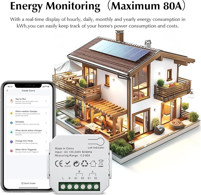 eMylo 1-Channel WiFi Power Meter 80A Smart Energy Monitor, Clamp-on Ammeter, 2.4GHz WiFi, Real-time Monitoring, Smart Life/TUYA APP, Home Power Monitor, Compatible with Alexa and Google Assistant