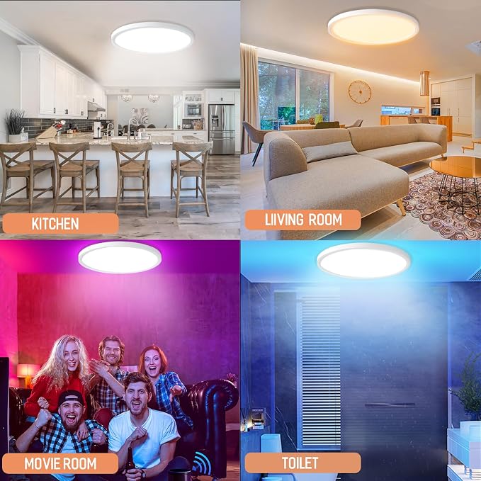 MELEGAN 4 Pack Smart Led Ceiling Light Flush Mount, 12 Inch 24W Ceiling Light Fixture Dimmable 2700K-6500K, RGB Ambient Light Fixture WiFi Compatible with Alexa Google Home for Bedroom Living Room