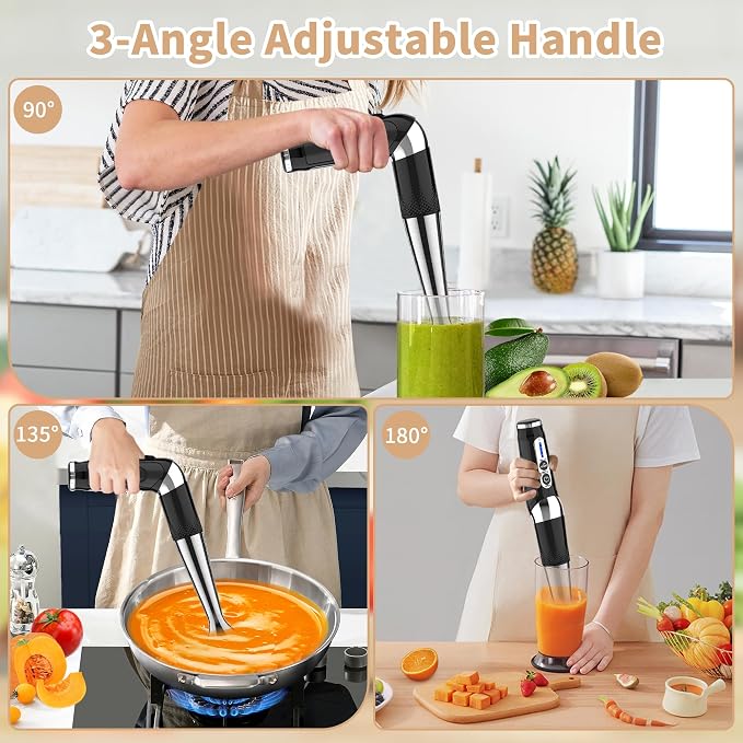 Toogel Cordless Immersion Blender, Electric Hand Blender with 21-Speed & 3-Angle Adjust, USB Rechargeable, BPA-Free & Dishwasher Safe for Baby Food, Smoothies, Soup (Black)