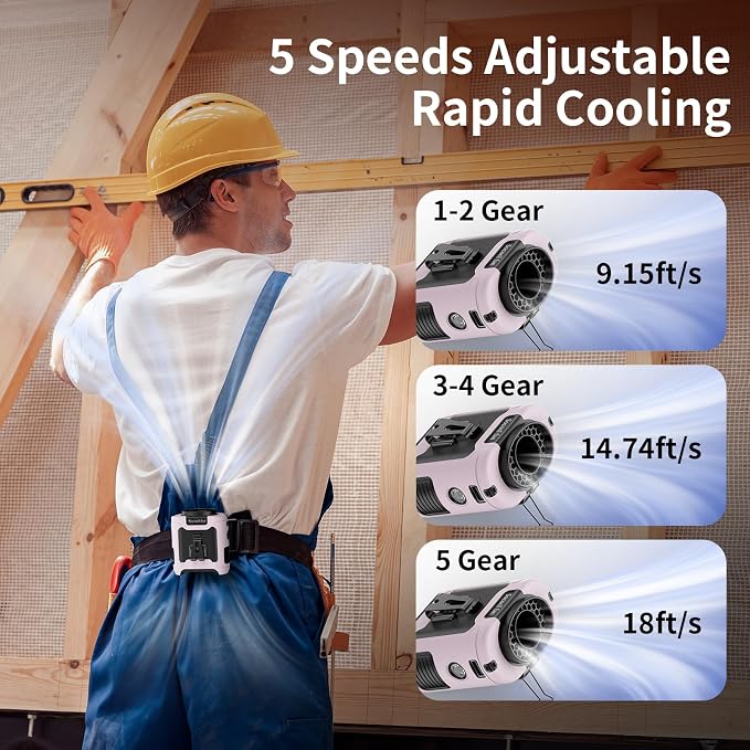 Socool 10000mAh Portable Waist Fan Clip On Personal Fans Rechargeable, 40H Cooling Wearable Belt Shirt Fan with 5 Speed Wind Adjustable & LED Light, Hanging Neck Fan for Outdoor Jobsite Camping