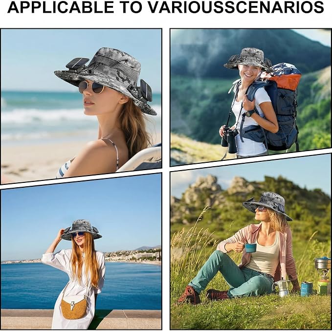 Outdoor Wide Brim Sun Hat with 2 Solar Powered Fan, Bucket Hat for Men Women, Fishing, Gardening & Beach Hat for Men