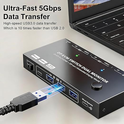 MST Displayport Splitter Dual Monitor KVM Switch 2 Monitors 2 Computers 1 DP in 2 Screens Out (DP&HDMI) Support Max Single 8K@30Hz/Dual 4K@100Hz USB 3.0 KVM Switches with Wired Remote Controller