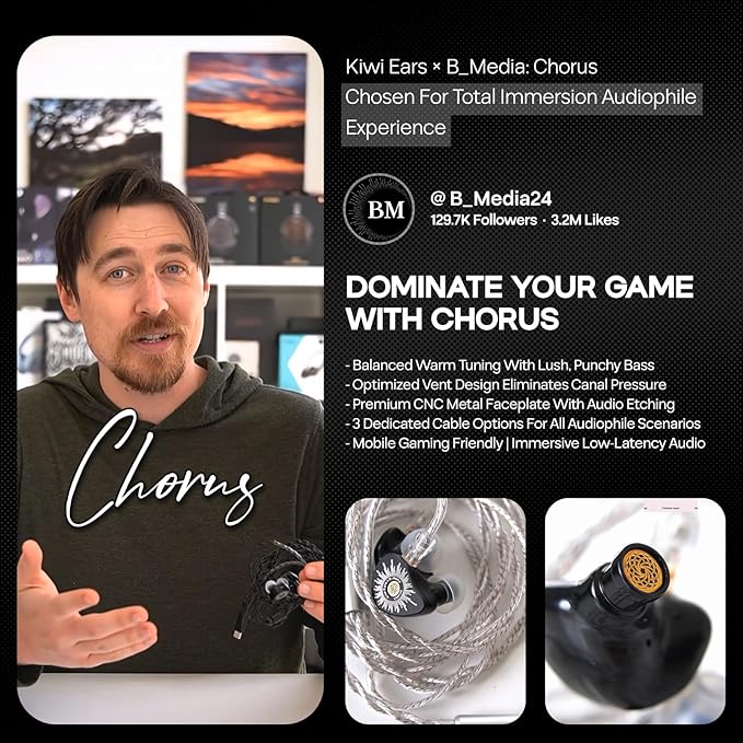 Linsoul Kiwi Ears x B_Media: Chorus in Ear Monitor,DLC Diaphragm Dynamic Driver Wired Earbuds CNC Metal Faceplate IEM,with Dual Silver-Plated Cable,Earphones for Audiophile (1, Black, 3.5mm with Mic)