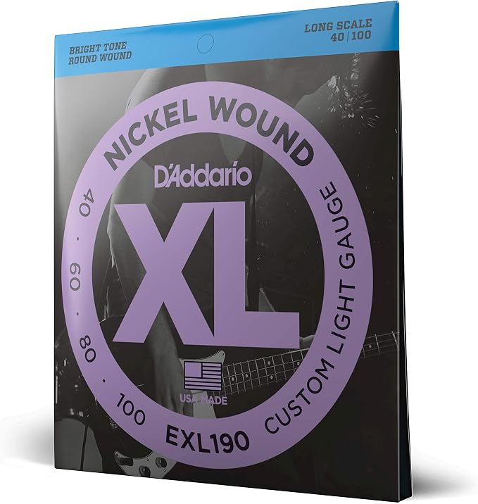 D'Addario Electric Bass Guitar Strings, XL Nickel, EXL190, Custom Light Gauge 40-100, Long Scale, 4-String Set, Pack of 1