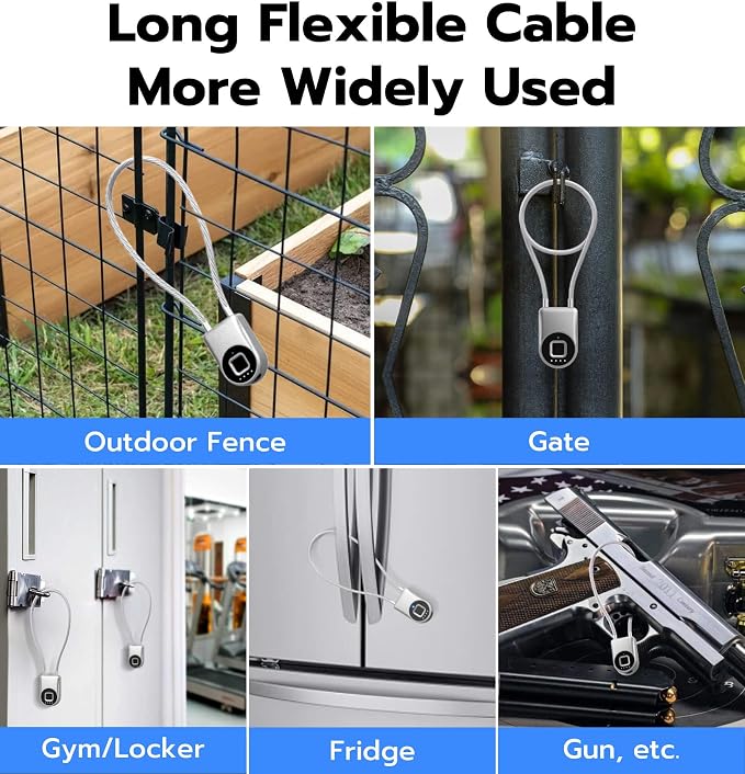 Anweller Fingerprint Cable Lock, 14" Long Shackle Small Padlock, Keyless Entry Biometric Bluetooth Smart Waterproof Combination Pad Lock for Gate Outdoor Fence Fridge Cabinet Locker Pool Bike - Silver