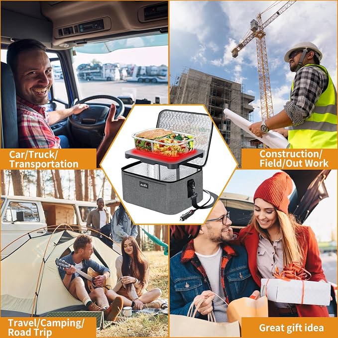 Aotto Portable Oven Electric Lunch Box Food Heater - 12V 24V 2-in-1 Car Food Warmer, Heated Lunch Box for Adults, Cook, Reheat, and Keep Meals Warm for Car, Truck, Travel - Grey