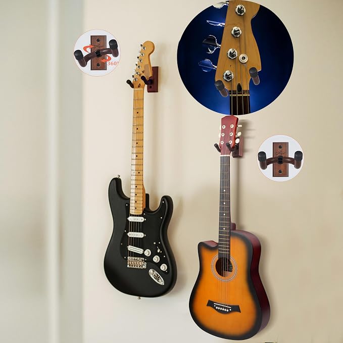 SNIGJAT Guitar Hanger 4 Pack, Hardwood Guitar Wall Mount, Rotatable Guitar Wall Hanger with Screws, V-Shaped Wall Hook Holder Stand for Acoustic Electric Guitar, Bass, Banjo, Mandolin