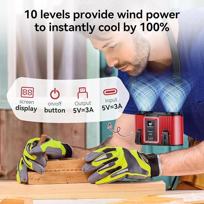 Doublepow 12000mAh Portable Waist Fan, Personal Waist Fan, Dual Air Ducts Motors, USB Rechargeable Clip On Belt for Working, 10 Speeds & 23H Wearable Neck Cooling, for Outdoor, Work, Travel (Red)