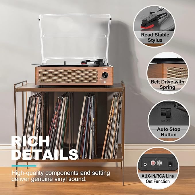 Vinyl Record Player with Speakers Vintage Turntable for Vinyls Records Belt-Driven Turntables 3-Speed Bluetooth Playback Headphone AUX RCA Line LP Vinyls Players for Sound Enjoyment Retro Brown