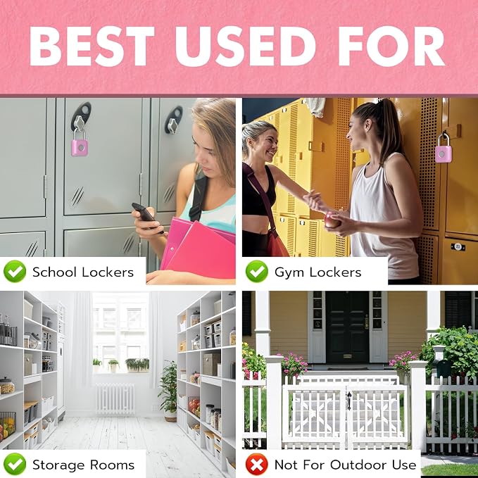 Fingerprint Padlock eLinkSmart Gym Locker Lock for Girls Women with Phone App iOS Watch Metal Keyless Combination Locks for School Sports Locker Toolbox Hasp Storage Pink