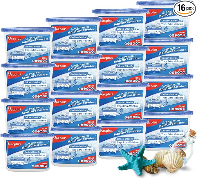Vacplus Moisture Absorbers 16 Pack, 10.5 Oz, Humidity Absorber Boxes Attracts Extra Moisture from Your Bathroom, Closet, Kitchen, Dehumidifier for Closet(Ocean Scent), Light blue
