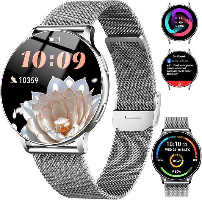 Jugeman Smart Watch for Women, Womens Watch with 24/7 Health Tracking, Bluetooth Calls, Step Heart Rate Sleep Monitor, IP68 Waterproof Wrist Smartwatch for Work Sports, Gift for Women (Silver)