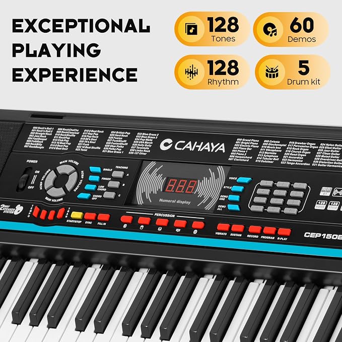 CAHAYA 61 Key Keyboard Piano – Electric Piano Set for Beginners with Stand & Stool, Microphone, Built-In Speakers, 128 Sounds & 128 Rhythms, Portable Electronic Keyboard
