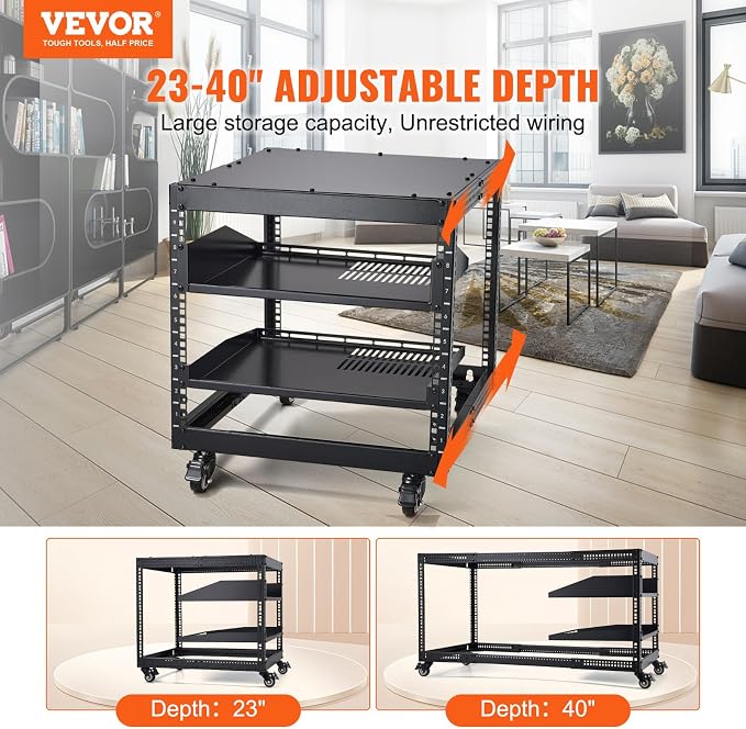 VEVOR 9U Open Frame Server Rack, 23''-40'' Adjustable Depth, Free Standing or Wall Mount Network Server Rack, 4 Post AV Rack with Casters, Holds All Your Networking IT Equipment AV Gear Router Modem