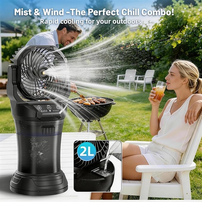 LanSuper Misting Fan, Portable Misting Fan with Light & 2L Water Tank, 30000mAh Battery Powered Misting Camping Fan, Rechargeable Mist Fan with Remote & Timer, 4 Speeds & Spray, 120° Auto Oscillating
