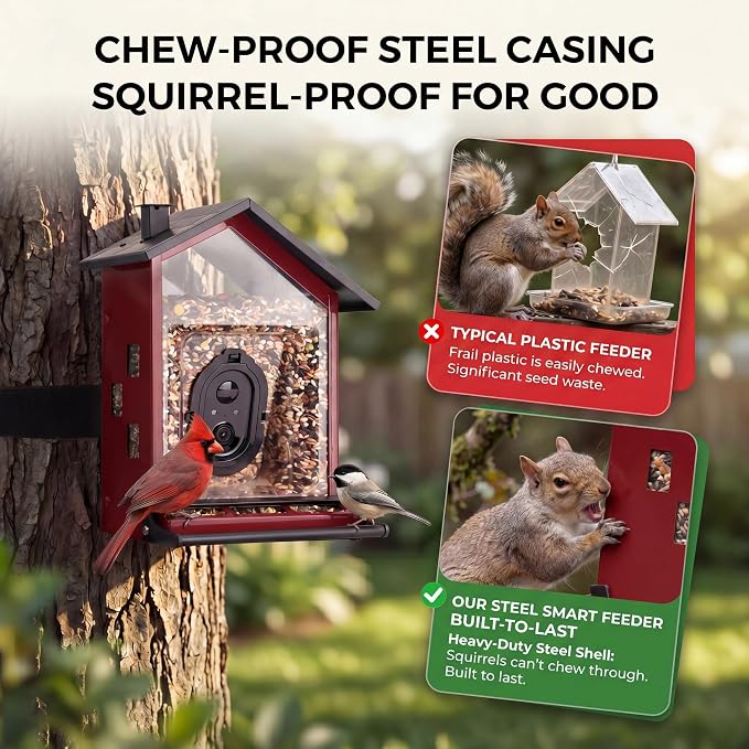 TT Nature Smart Bird Feeder with Camera, Heavy-Duty Chew-Proof Metal Casing, Solar Powered, AI Identify Bird Species & Instant Notifications, 3.2L Large Capacity Bird Watching Gift, Red
