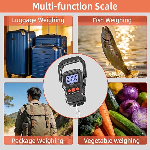 MEIYA Digital Fish Scale with Backlit LCD Display Up to 110lb/50kg for Anglers, Accurate Luggage Scale for Travel, Outdoor, Home Use, Includes 2 AAA Batteries and Hook, Essential Fishing Gear