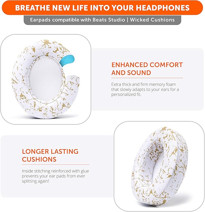 WC Wicked Cushions Replacement Ear Pads for Beats Studio 2 & 3 (B0501, B0500) Wired & Wireless | Does NOT Fit Beats Solo | Softer PU Leather, Enhanced Foam & Stronger Adhesive | Gold Marble