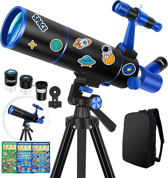 Hawkko Telescope for Adults & Kids Beginners, 80mm Aperture 500mm Telescopes for Adults Astronomy, (20X-150X) Portable Refractor Telescope Kit with Decorate Stickers, Backpack, Phone Adapter-BlackBlue