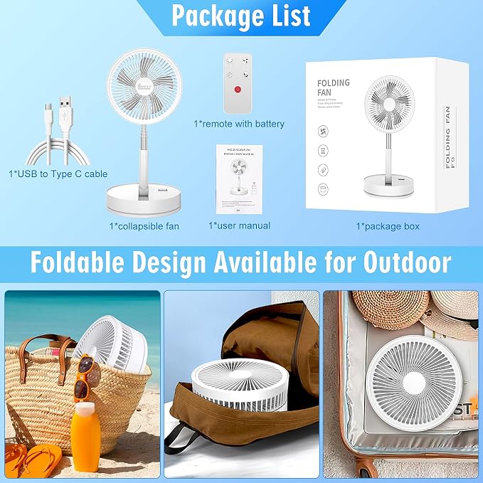 Portable Foldable Rechargeable Oscillating Fan - 8.6" 8000mah Battery Operated USB C Small Fan with Remote Quiet Table Desk Fan Folding Standing Pedestal Fan for Bedroom Rome Office Camping Travel