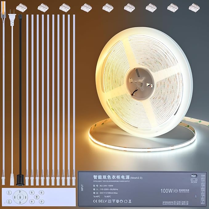 BENLUN 24V CCT COB LED Under Cabinet Strip Lighting 32.8ft, 2700K-6500K Cuttable LED Tape Light CRI 93 with Remote Controller and Power Supply for Kitchen Bookcase Shelf Display Room