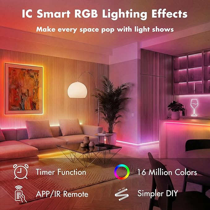 LED Lights for Bedroom, 166FT IC RGB LED Strip Lights, Color Changing, Multiple Colors Chasing Effects, APP & Remote Control, Timer Function, Music Sync Lights for Party, Home Decor