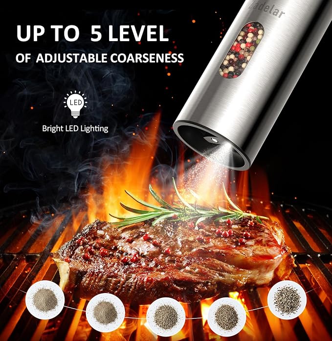 Zadelar Rechargeable Electric Salt and Pepper Grinder Set with USB-C Charging Base, Stainless Steel Automatic Salt and Pepper Shakers, Adjustable Coarseness, LED Light, Large Capacity, Kitchen Gift