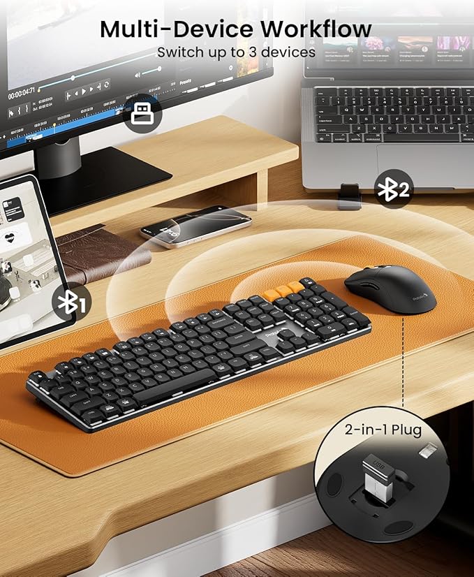 ProtoArc KM310 Mechanical Keyboard and Mouse, Wireless Rechargeable Aluminum Keyboard Mouse, 2.4G+Dual Bluetooth, Linear Red Switches, Multi-Device, No Backlight, for Windows/Mac - Space Gray