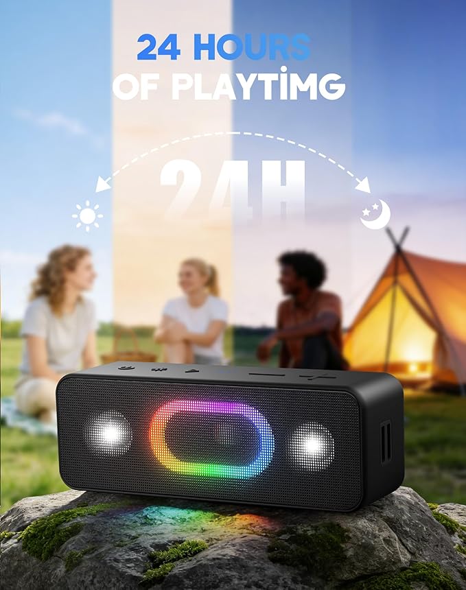 OHAYO Bluetooth Speaker, Wireless Portable Outdoor Speakers, Bold Sound and Ambient Light, IPX6 Waterproof, 24H Playtime, TWS Pairing, Built-in Mic, Home/Travel/Beach Essential, Birthday Gift, Black