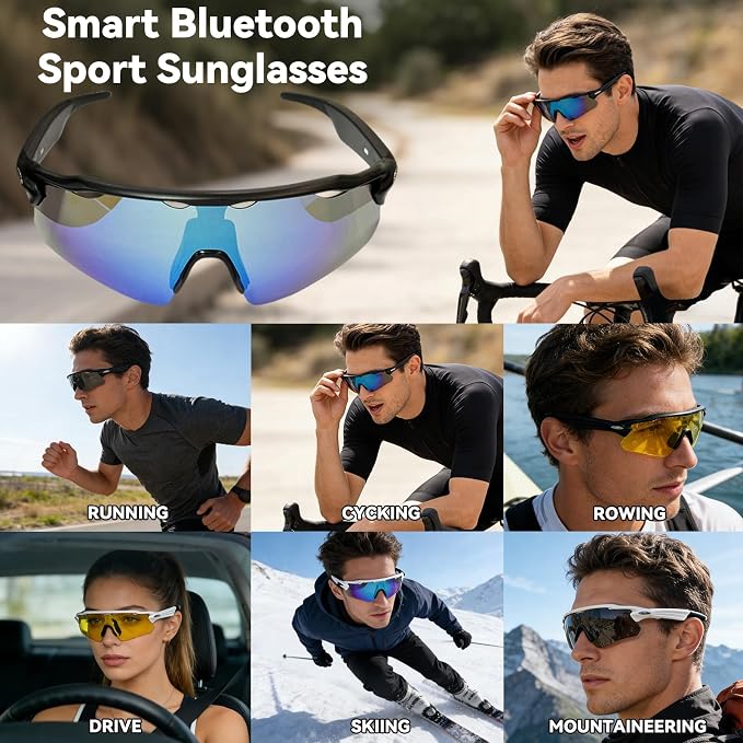 Bluetooth Smart Sunglasses for Men Women, Open-Ear Speaker Glasses with Touch Control, UV400 Polarized Lens, 5-6H Playtime for Outdoor Sports,Black and Blue