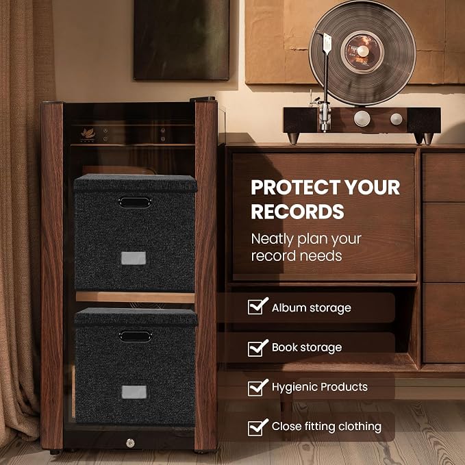 Vinyl Record Storage Box Set of 2 - Album Storage Holds 100+ Single Records, Decorative LP Storage Organizer Crate with Lid, Sturdy Moving Boxes for Vinyl, Easy to Carry and Organize Your Music Album