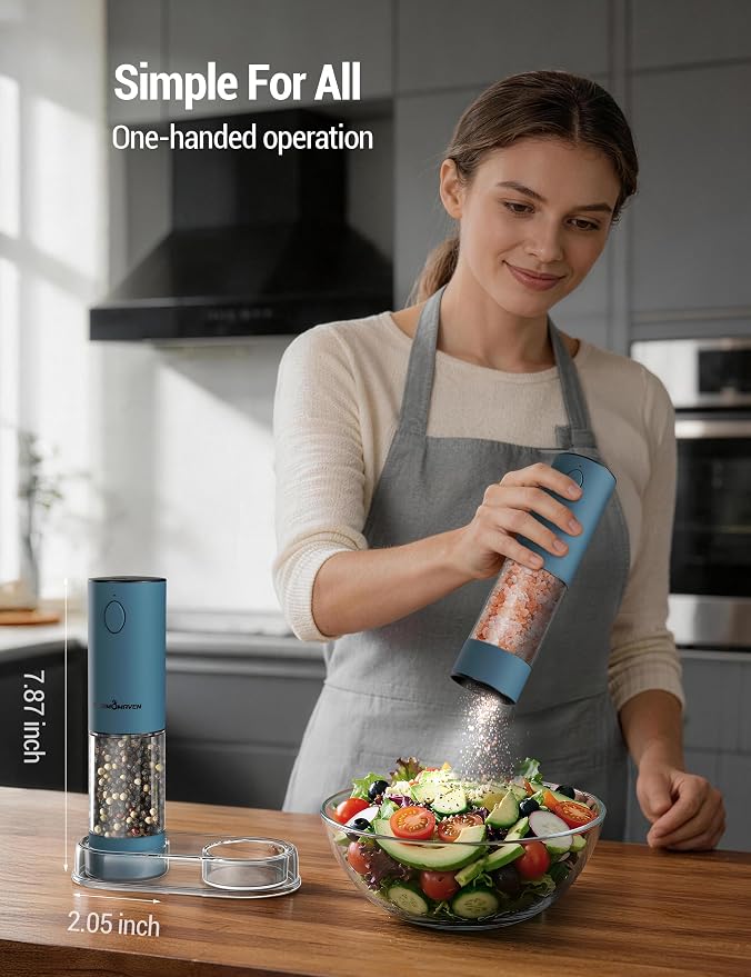 ThermoMaven Electric Salt and Pepper Grinder Set, 110ml Larger Rechargeable Automatic Salt and Pepper Mill Grinder with 6 Adjustable Coarseness, Electric Salt and Pepper Shakers, LED, Navy Blue