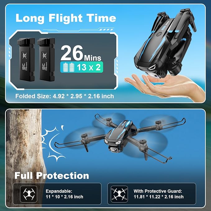 Drone with Camera, 1080P HD FPV Foldable Drone for Kids Adults Beginners, Brushless Motor RC Quadcopter with Stable Hover, Gestures Selfie, Waypoint Fly, 3D Flips, One Key Start, 2 Batteries