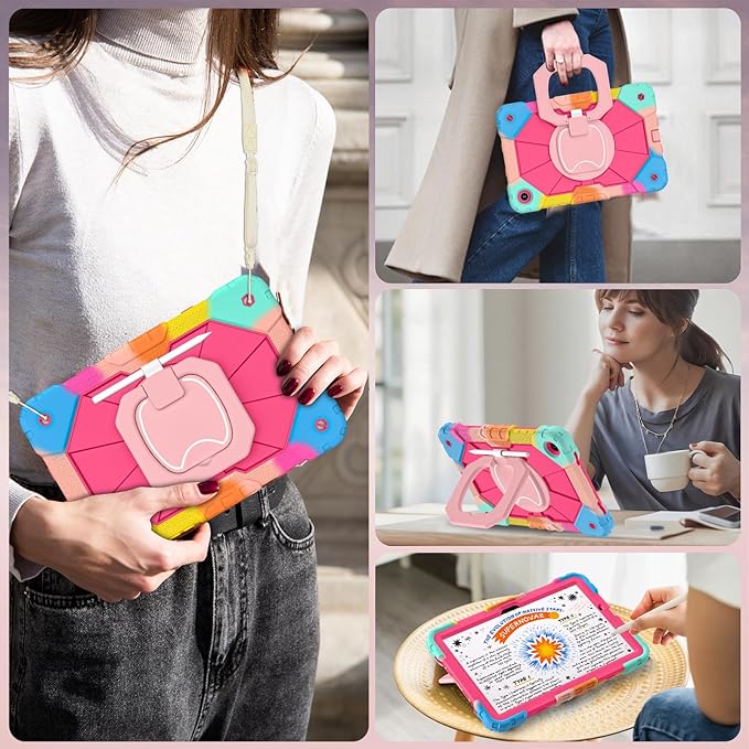 WESOROL Case for Galaxy Tab A11 Plus/A9 Plus 11 Inch,Shockproof Cover for Samsung Tablet A11+/A9+ Case with Screen Protector 360 Rotating Stand Pencil Holder Shoulder Strap,Colorful Pink