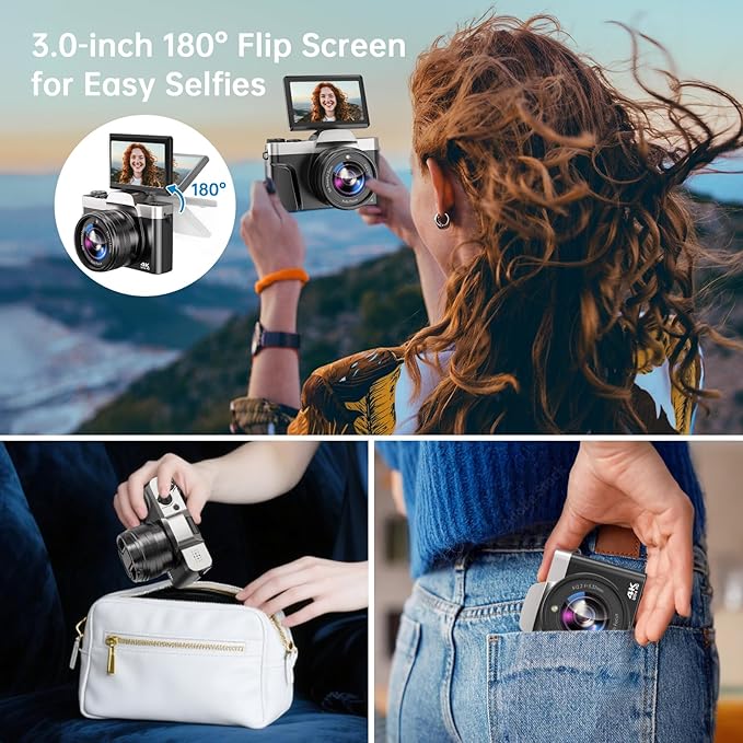 4K Digital Camera for Photography with WiFi 64MP Auto-Focus Vlogging Camera for YouTube Video 3'' 180° Flip Screen 4K Cameras 16X Zoom Anti-Shake Compact Point and Shoot Cameras with SD Card
