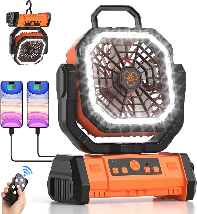 Portable Rechargeable Fan 20000mAh,Cordless Battery Powered Camping Fan with LED Light& Remote,4 Speeds Wind,USB, Timer,Oscillating for Travel Tent,Rv Camping Essentials (Orange)