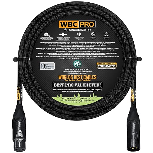 10 Foot - WBC-PRO-Quad Ultra-Silent Ultra-Flexible Balanced Star-Quad Cable with Neutrik Male & Female XLR Plugs & Black Tweed Jacket