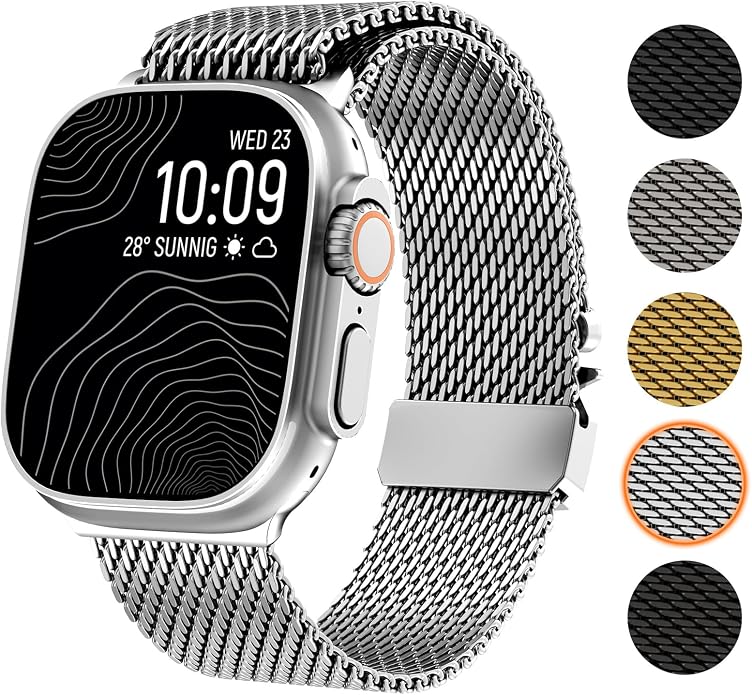 WINGLE Milanese Loop for Apple Watch Band Ultra 3/2/1 Band Ultra 49mm Series 11 10 46mm 45mm 44mm SE 3/2/1 Series 9 8 7 6 5 4 3 Men Women,Parachute-Style Buckle Stainless Steel Mesh Metal iWatch Bands