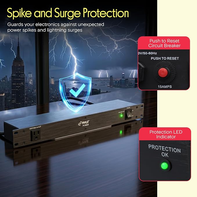 Pyle 150J Surge Protector Power Strip - 9 Outlet - 15 Amp - 1U Rack Mount with AC Filter - Heavy Duty Extension Cord - Overload Protection for Home/Office/Server Use - PCO850
