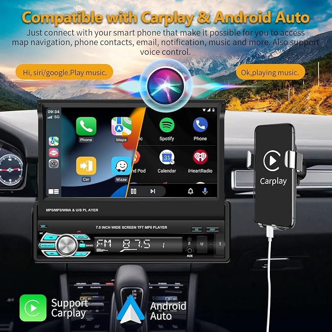 Podofo Single Din Carplay Car Stereo with Bluetooth AHD Backup Camera, 7 Inch flip Out Touch Screen Car Radio MP5 Player Support Android Auto, Mirror Link, USB, TF, FM Radio, Aux-in, SWC