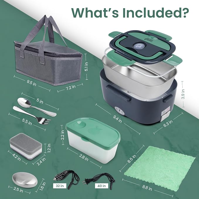 80W Electric Lunch Box for Adults - Heated Lunch Box & Portable Food Warmer with 1.5L Stainless Steel Container | 12V/24V/110-220V Lonchera Eléctrica Portátil for Car, Truck & Office - Green