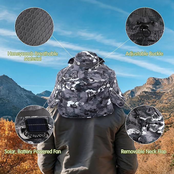 3 Pcs Solar Fan Hat with Arm Sleeves Neck Gaiter Wide Brim Sun Hat Solar Powered USB Charging for Men Women